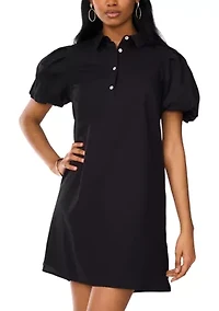 Women's Puff Sleeve Collar Neck Solid Cotton A-Line Dress