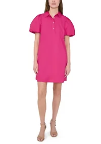 Women's Puff Sleeve Collar Neck Solid Cotton A-Line Dress