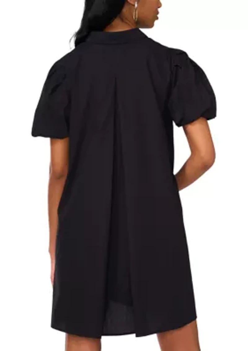Women's Puff Sleeve Collar Neck Solid Cotton A-Line Dress