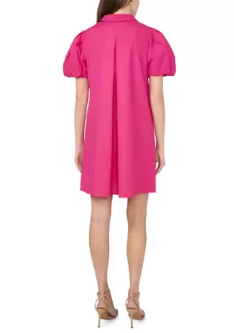 Women's Puff Sleeve Collar Neck Solid Cotton A-Line Dress