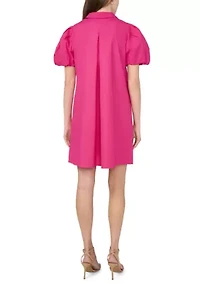 Women's Puff Sleeve Collar Neck Solid Cotton A-Line Dress