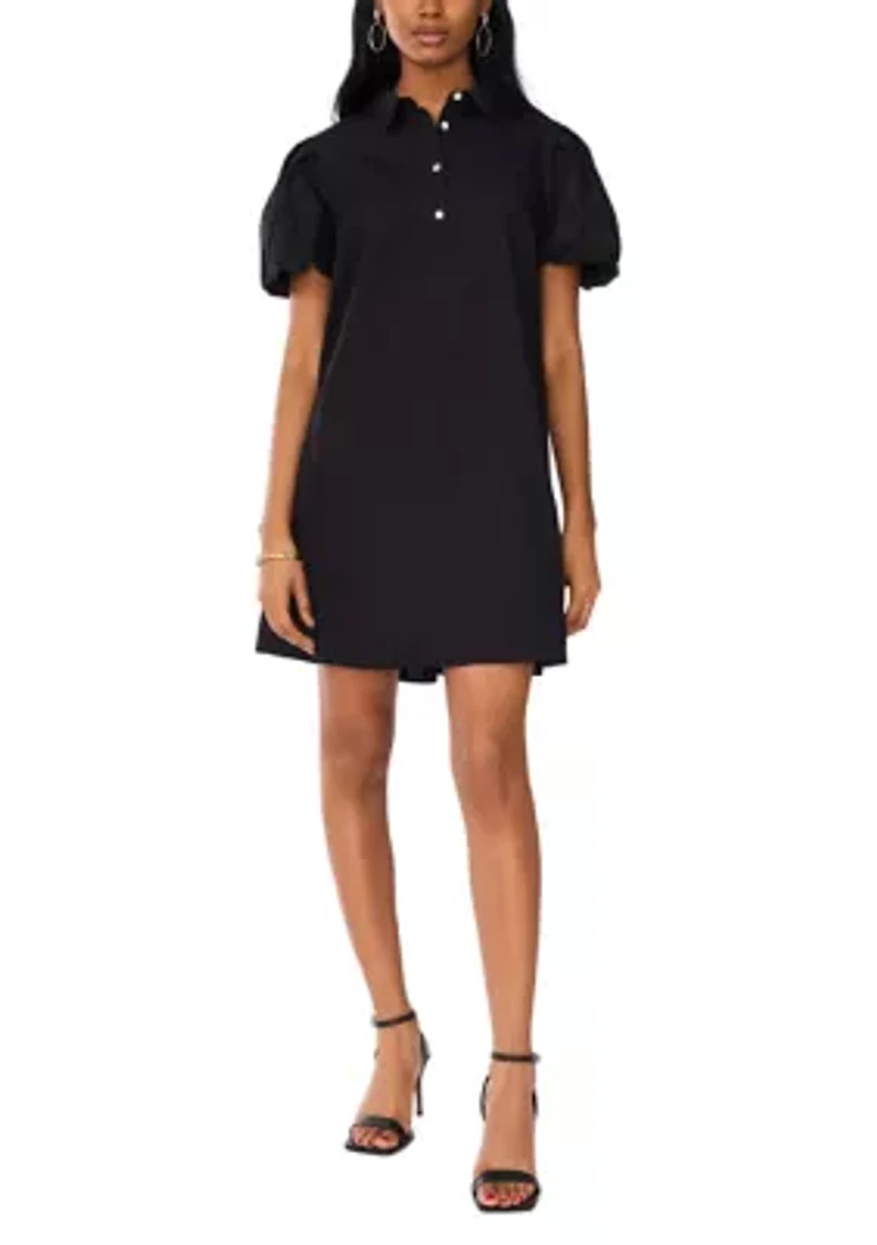 Women's Puff Sleeve Collar Neck Solid Cotton A-Line Dress