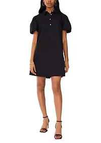 Women's Puff Sleeve Collar Neck Solid Cotton A-Line Dress