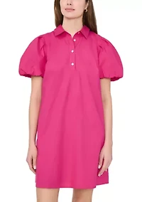 Women's Puff Sleeve Collar Neck Solid Cotton A-Line Dress