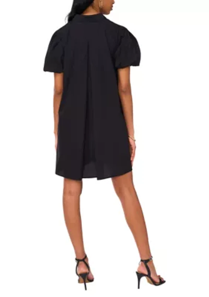 Women's Puff Sleeve Collar Neck Solid Cotton A-Line Dress