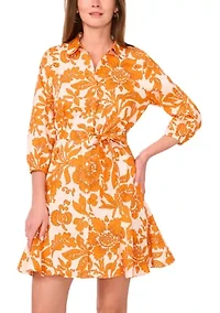 Women's Puff Sleeve Collar Floral Print A-Line Dress