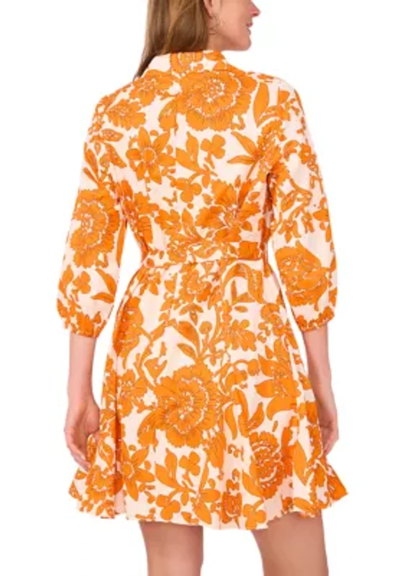 Women's Puff Sleeve Collar Floral Print A-Line Dress