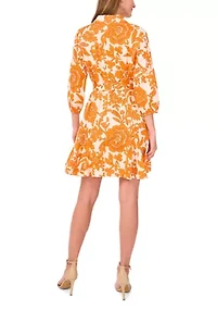 Women's Puff Sleeve Collar Floral Print A-Line Dress