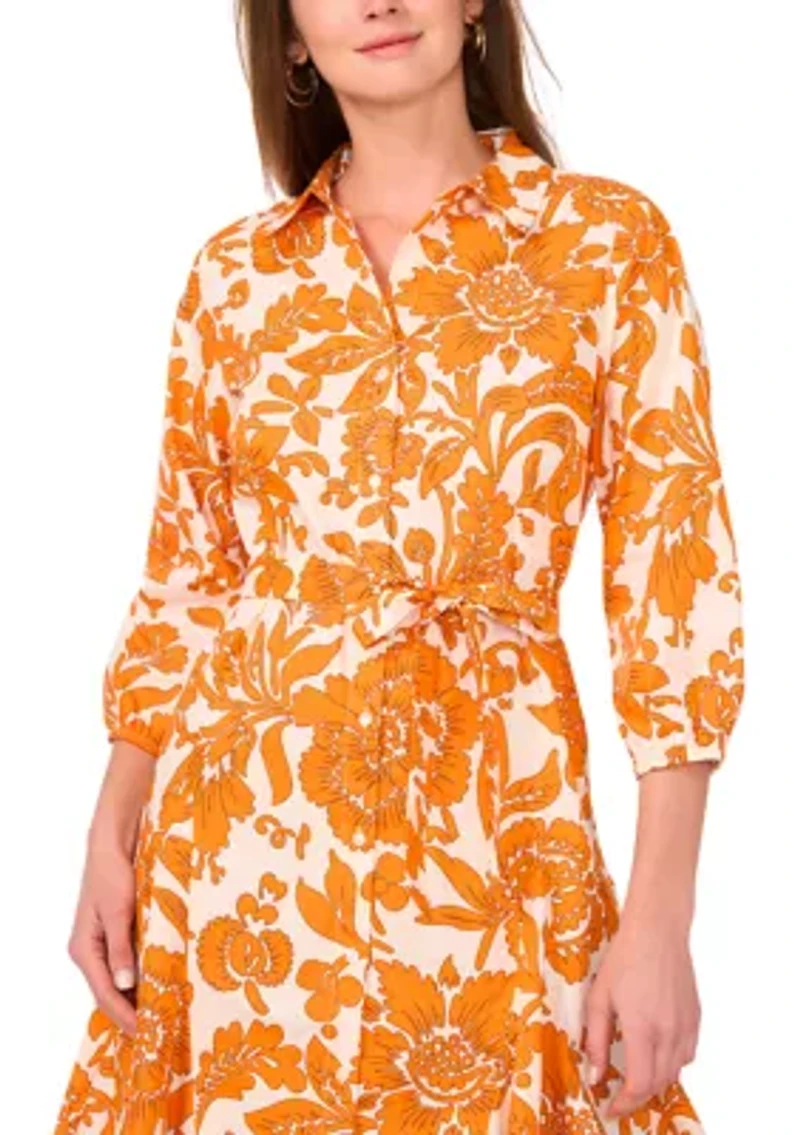 Women's Puff Sleeve Collar Floral Print A-Line Dress