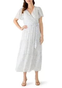 Women's Short Sleeve Floral Tie Waist Chiffon Dress