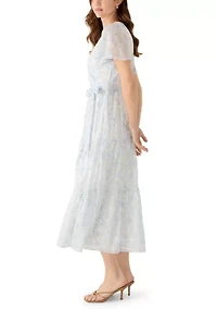 Women's Short Sleeve Floral Tie Waist Chiffon Dress