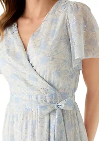 Women's Short Sleeve Floral Tie Waist Chiffon Dress