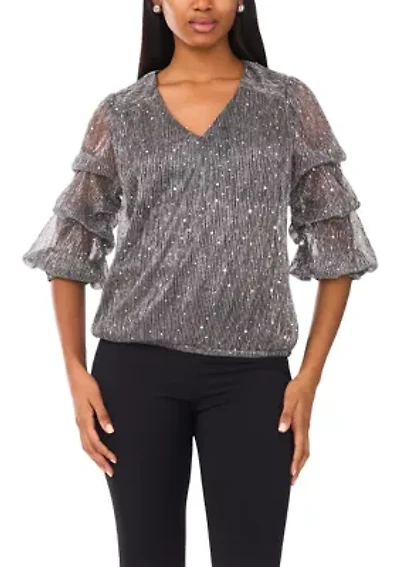 Women's 3/4 Sleeve V-Neck Glitter Knit Top