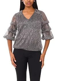 Women's 3/4 Sleeve V-Neck Glitter Knit Top