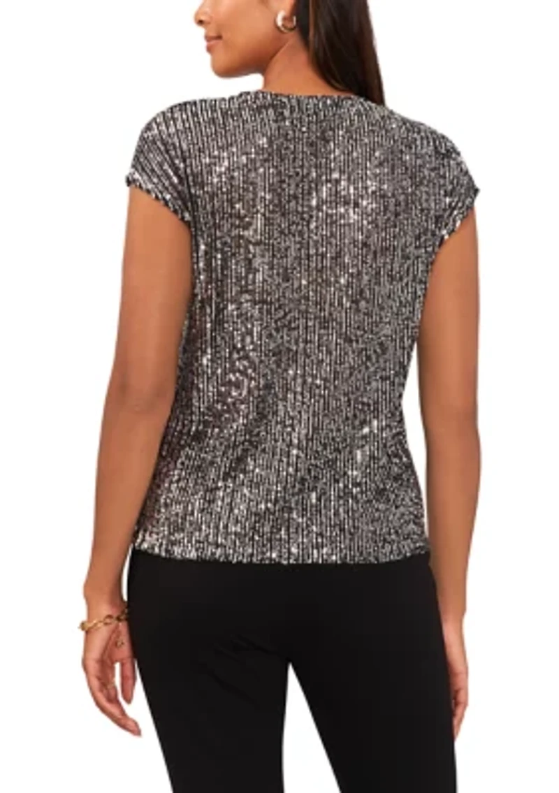 Women's Sequin V-Neck Short Sleeve Top