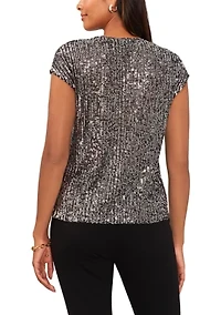 Women's Sequin V-Neck Short Sleeve Top