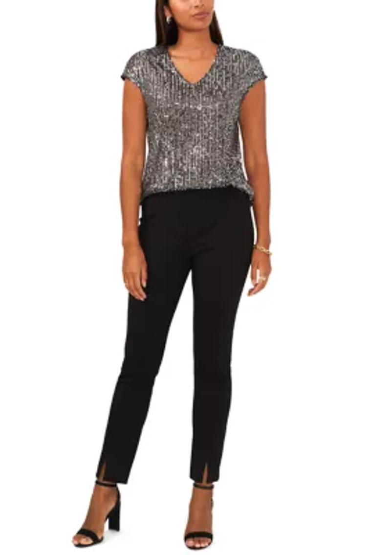 Women's Sequin V-Neck Short Sleeve Top