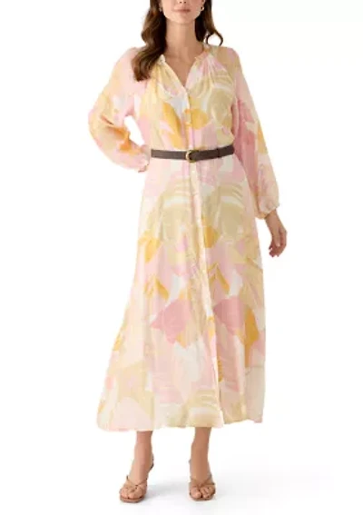 Women's Long Sleeve Floral Linen Maxi Dress