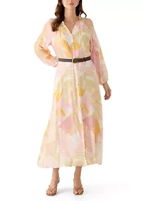 Women's Long Sleeve Floral Linen Maxi Dress