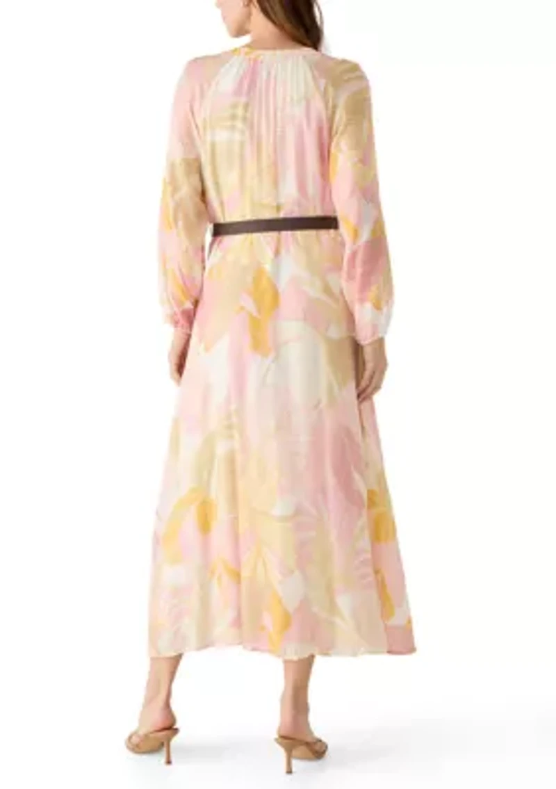 Women's Long Sleeve Floral Linen Maxi Dress