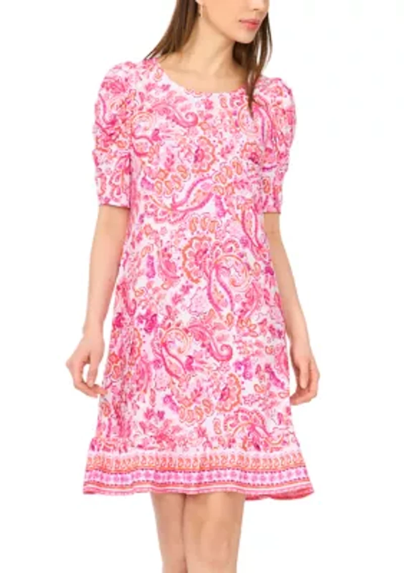 Women's Short Puff Sleeve Paisley Shift Dress