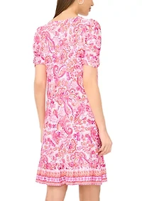 Women's Short Puff Sleeve Paisley Shift Dress