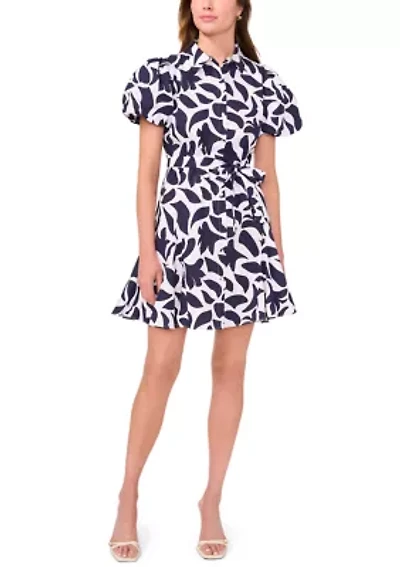 Women's Short Puff Sleeve Collar Neck Floral Print Cotton A-Line Dress