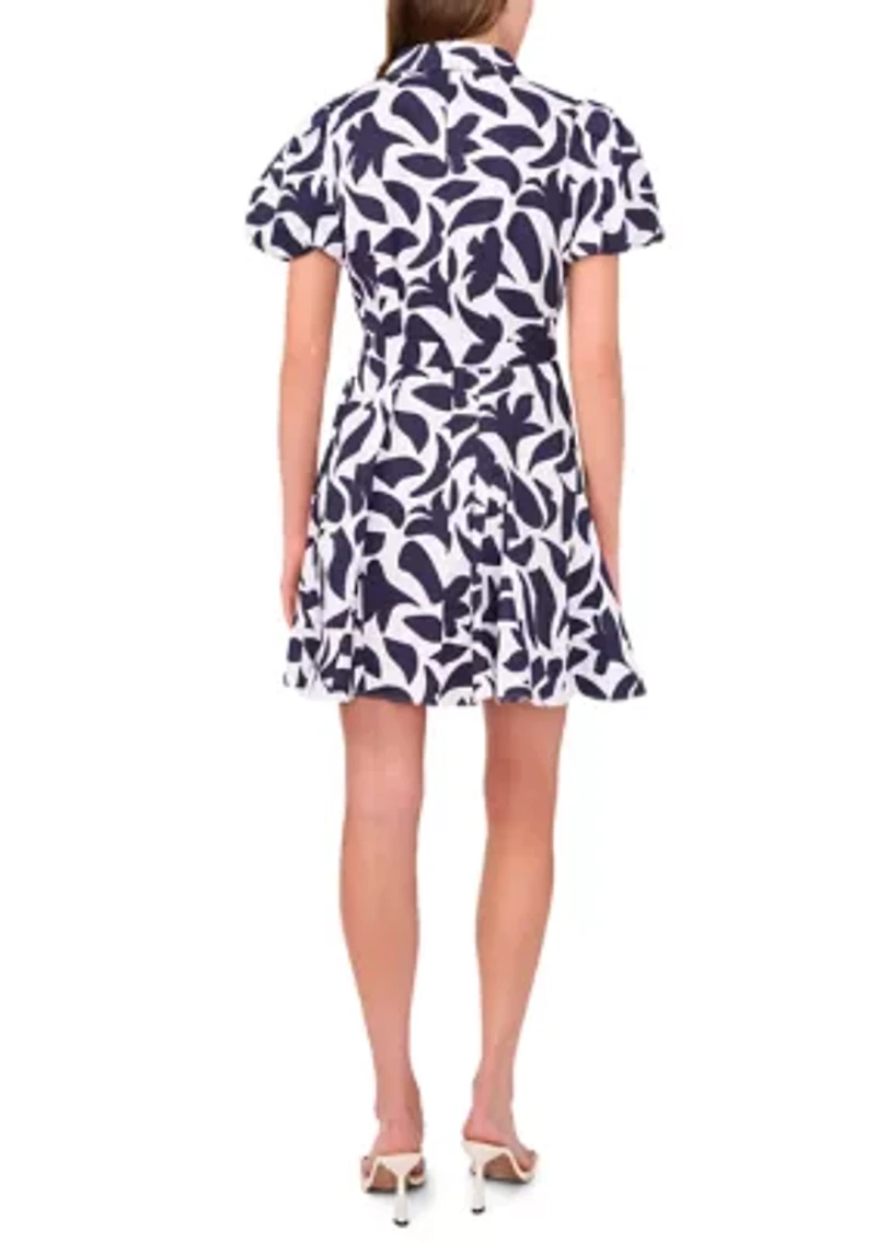 Women's Short Puff Sleeve Collar Neck Floral Print Cotton A-Line Dress