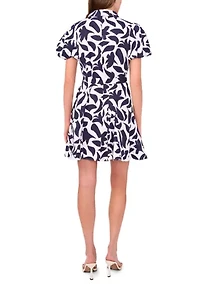 Women's Short Puff Sleeve Collar Neck Floral Print Cotton A-Line Dress