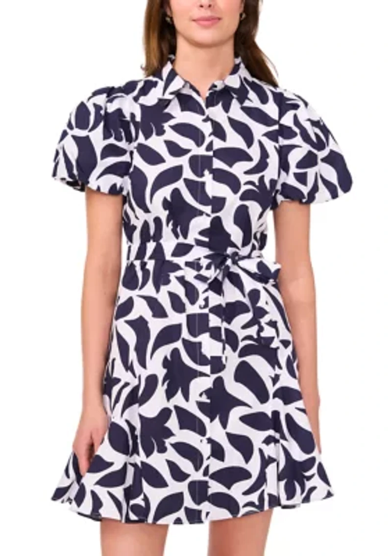 Women's Short Puff Sleeve Collar Neck Floral Print Cotton A-Line Dress