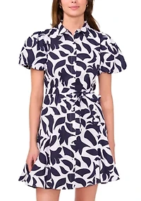 Women's Short Puff Sleeve Collar Neck Floral Print Cotton A-Line Dress