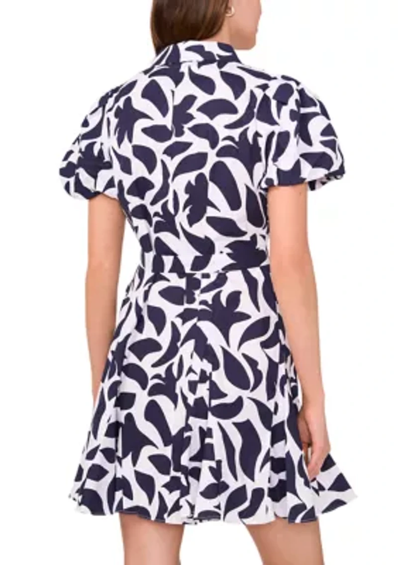 Women's Short Puff Sleeve Collar Neck Floral Print Cotton A-Line Dress