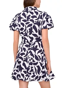 Women's Short Puff Sleeve Collar Neck Floral Print Cotton A-Line Dress