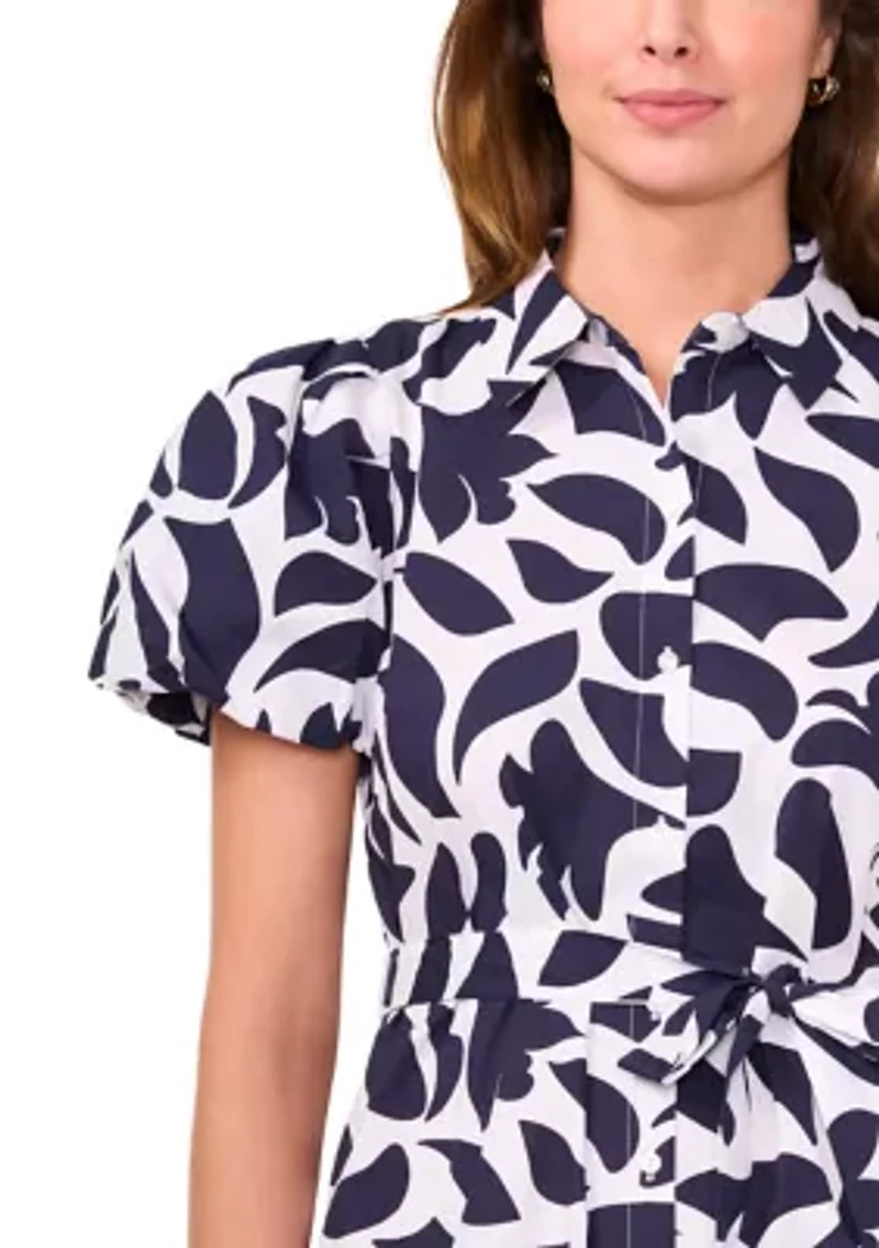 Women's Short Puff Sleeve Collar Neck Floral Print Cotton A-Line Dress