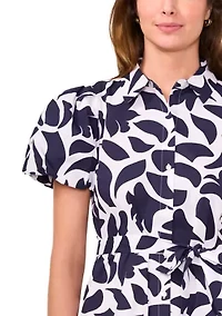 Women's Short Puff Sleeve Collar Neck Floral Print Cotton A-Line Dress