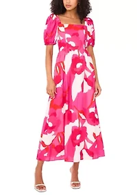 Women's Short Sleeve Square Neck Smocked Floral Print Dress