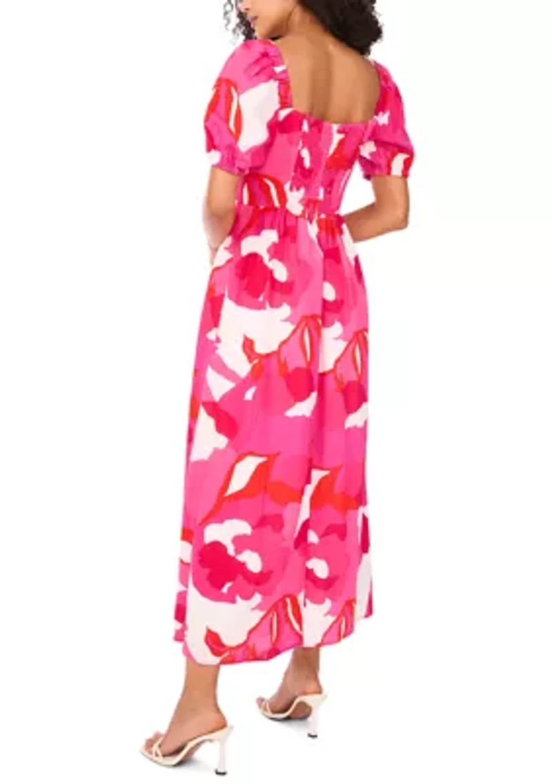 Women's Short Sleeve Square Neck Smocked Floral Print Dress