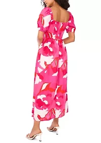 Women's Short Sleeve Square Neck Smocked Floral Print Dress