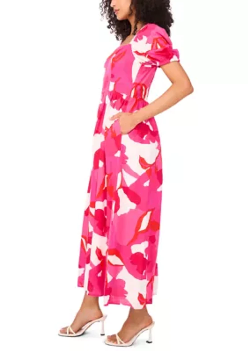 Women's Short Sleeve Square Neck Smocked Floral Print Dress