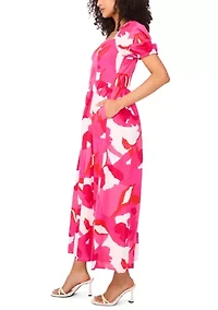 Women's Short Sleeve Square Neck Smocked Floral Print Dress