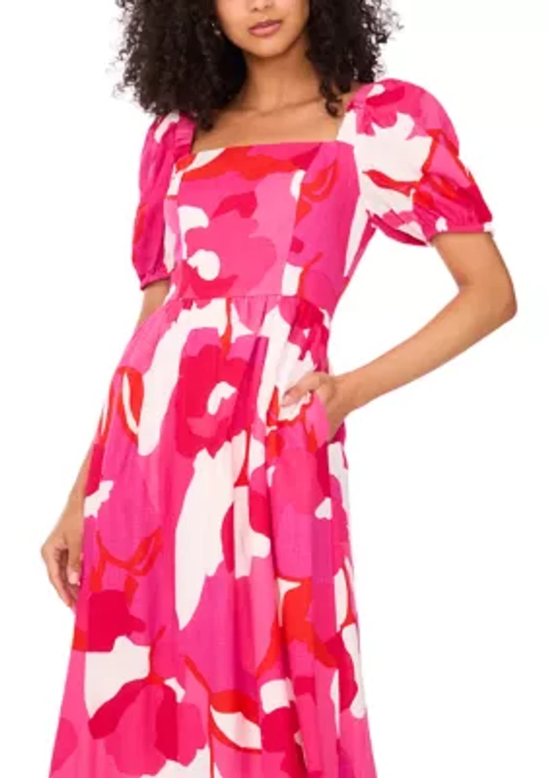 Women's Short Sleeve Square Neck Smocked Floral Print Dress