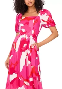 Women's Short Sleeve Square Neck Smocked Floral Print Dress