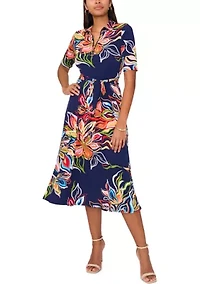 Women's Short Sleeve Collar Printed Fit and Flare Maxi Dress