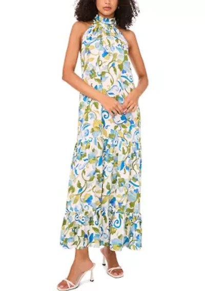 Women's Sleeveless Halter Neck Floral Print Maxi Dress
