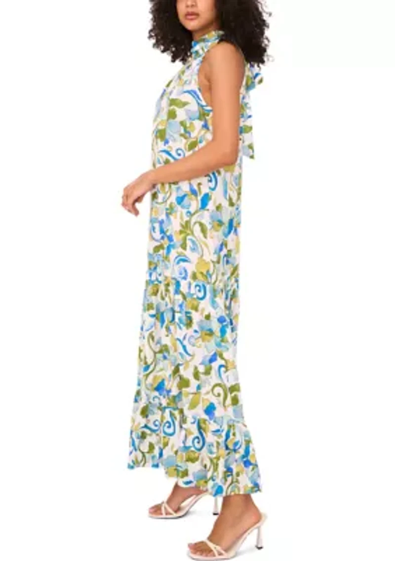 Women's Sleeveless Halter Neck Floral Print Maxi Dress