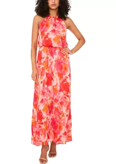 Women's Sleeveless Halter Neck Floral Print Maxi Dress