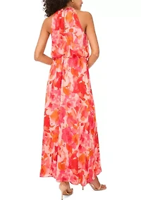 Women's Sleeveless Halter Neck Floral Print Maxi Dress
