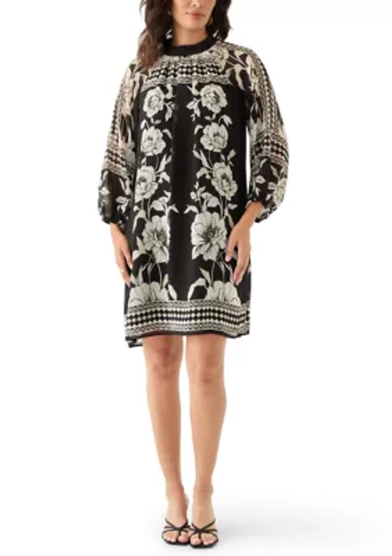 Women's Long Sleeve Mock Neck Floral Print A-Line Dress