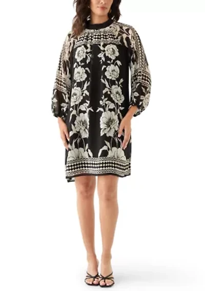 Women's Long Sleeve Mock Neck Floral Print A-Line Dress
