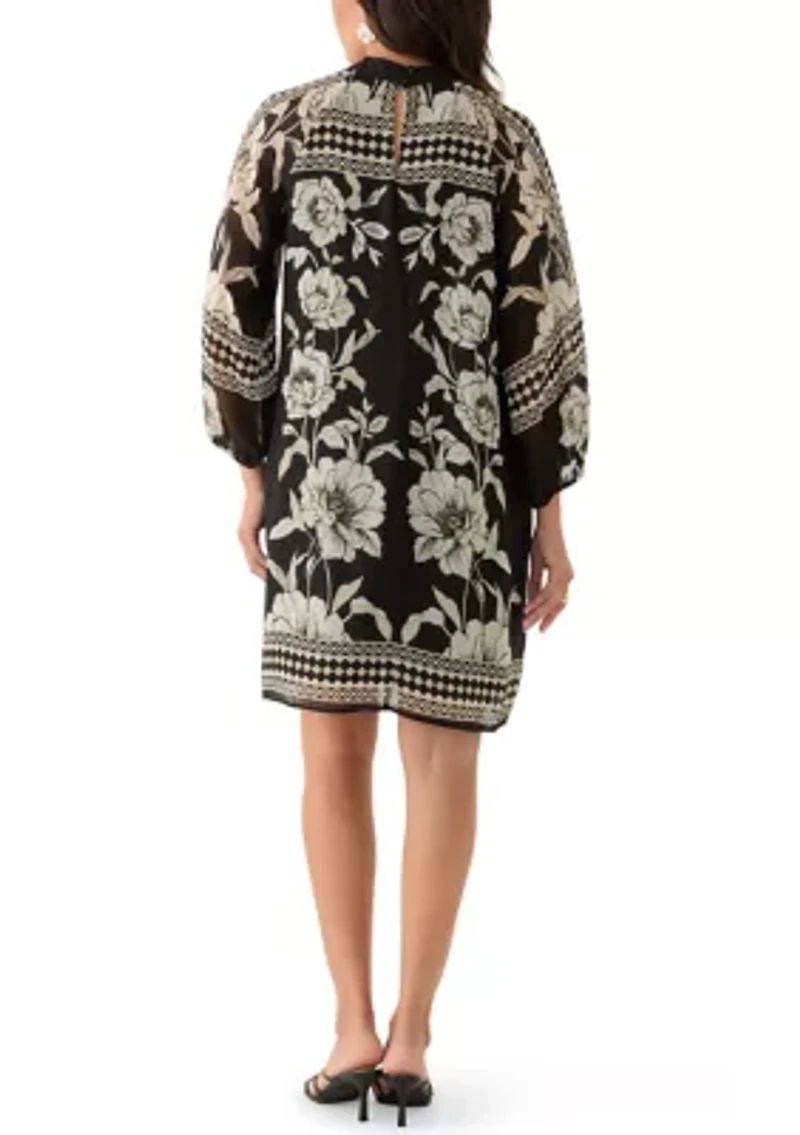 Women's Long Sleeve Mock Neck Floral Print A-Line Dress